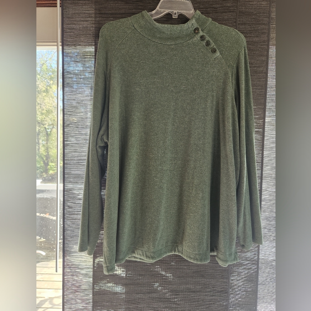 Susan Graver Olive Button-Detail Long Sleeve Sweater